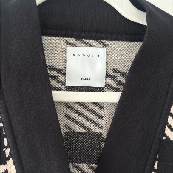 Sandro Checkered Knit Cardigan oversized Black Cream Gold Button V‑neck - Picture 4 of 7